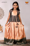 Festive Collection - Peach Banarasi Jacquard Pavadai Set For Kids