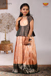 Festive Collection - Peach Banarasi Jacquard Pavadai Set For Kids