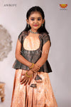 Festive Collection - Peach Banarasi Jacquard Pavadai Set For Kids