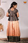 Festive Collection - Peach Banarasi Jacquard Pavadai Set For Kids