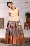 Girls Kalamkari Leaf Pavadai Sattai in Grey - Festive Wear