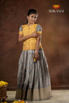 Festive Collection - Grey Flower Basket Pattu Pavadai For Girls