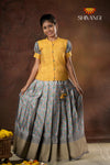 Festive Collection - Grey Flower Basket Pattu Pavadai For Girls