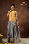 Festive Collection - Grey Flower Basket Pattu Pavadai For Girls