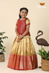 Festive Collection -Red Tissue Butta Border Pavadai Set For Kids