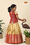 Festive Collection -Red Tissue Butta Border Pavadai Set For Kids