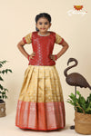 Festive Collection -Red Tissue Butta Border Pavadai Set For Kids