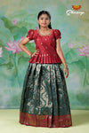 Girls Dark Green Golden Cocoon Pattu Pavadai | Langa !!!