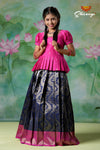 Girls Navy Blue Golden Cocoon Pattu Pavadai | Langa !!!