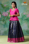 Girls Navy Blue Golden Cocoon Pattu Pavadai | Langa !!!