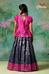 Girls Navy Blue Golden Cocoon Pattu Pavadai | Langa !!!