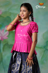 Girls Navy Blue Golden Cocoon Pattu Pavadai | Langa !!!