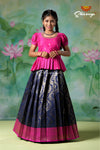 Girls Navy Blue Golden Cocoon Pattu Pavadai | Langa !!!