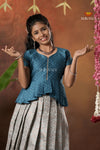 Festive Collection - Grey Copper Twin Leaf Pattu Pavadai For Girls