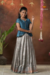 Festive Collection - Grey Copper Twin Leaf Pattu Pavadai For Girls