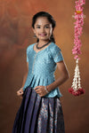 Festive Collection - Navy Blue Copper Twin Leaf Pattu Pavadai For Girls