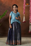 Festive Collection - Navy Blue Copper Twin Leaf Pattu Pavadai For Girls
