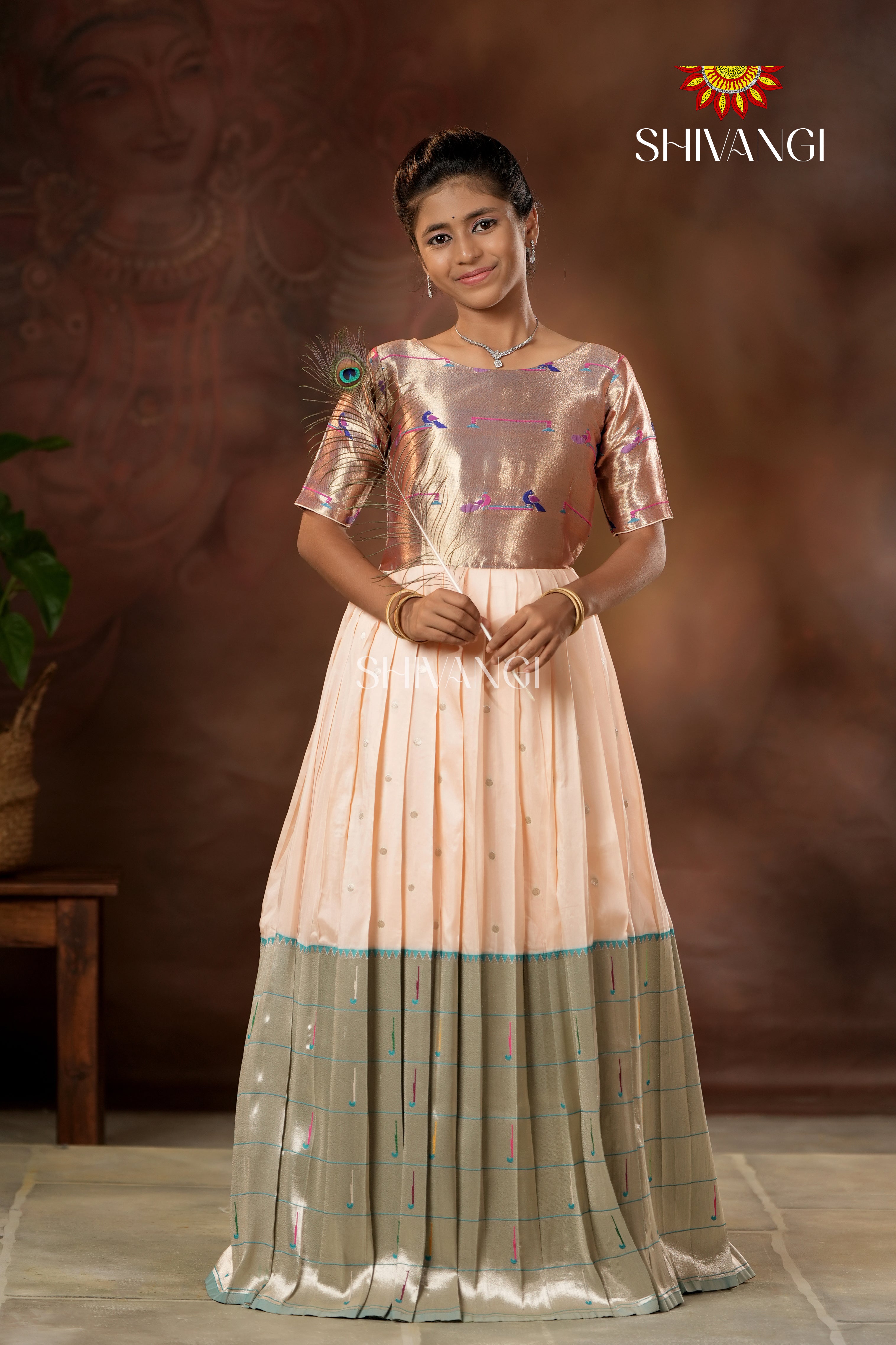 Peach Silver Oak Elbow Sleeve Long Gown For Girls