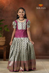 Festive Collection - Grey Twin Leaf Pattu Pavadai For Girls