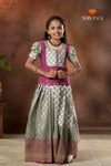 Festive Collection - Grey Twin Leaf Pattu Pavadai For Girls
