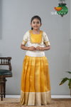 Festive Collection - Yellow Tissue Tiny Checks Pattu Pavadai For Girls