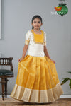 Festive Collection - Yellow Tissue Tiny Checks Pattu Pavadai For Girls