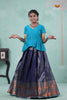 Navy Blue Copper Twin Leaf Alpha Pattu Pavadai Set For Girls