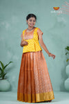 Orange Silver Leaf Traditional Pattu Pavadai For Girls