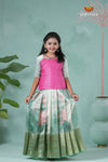 Teal Green Silk Lotus Traditional Pavadai Sattai For Girls