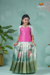 Teal Green Silk Lotus Traditional Pavadai Sattai For Girls