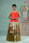 Parrot Green Silk Lotus Alpha Traditional Pavadai Sattai For Girls
