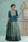 Traditional Green Floral Snail Pattu Pavadai Set for Girls