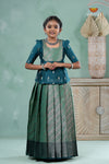 Traditional Green Floral Snail Pattu Pavadai Set for Girls