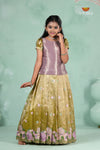 Green Traditional Floral Crush Pattu Pavadai Set for Girls