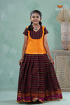 Summer Collection - Brown Cotton Kolam Pavadai Set For Girls