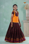 Summer Collection - Brown Cotton Kolam Pavadai Set For Girls