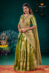 Woman in a green saree with gold border standing against a dark teal background