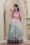 Sky Blue Climbing Rose Traditional Pattu Pavadai Set for Girls