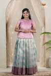 Sky Blue Climbing Rose Traditional Pattu Pavadai Set for Girls