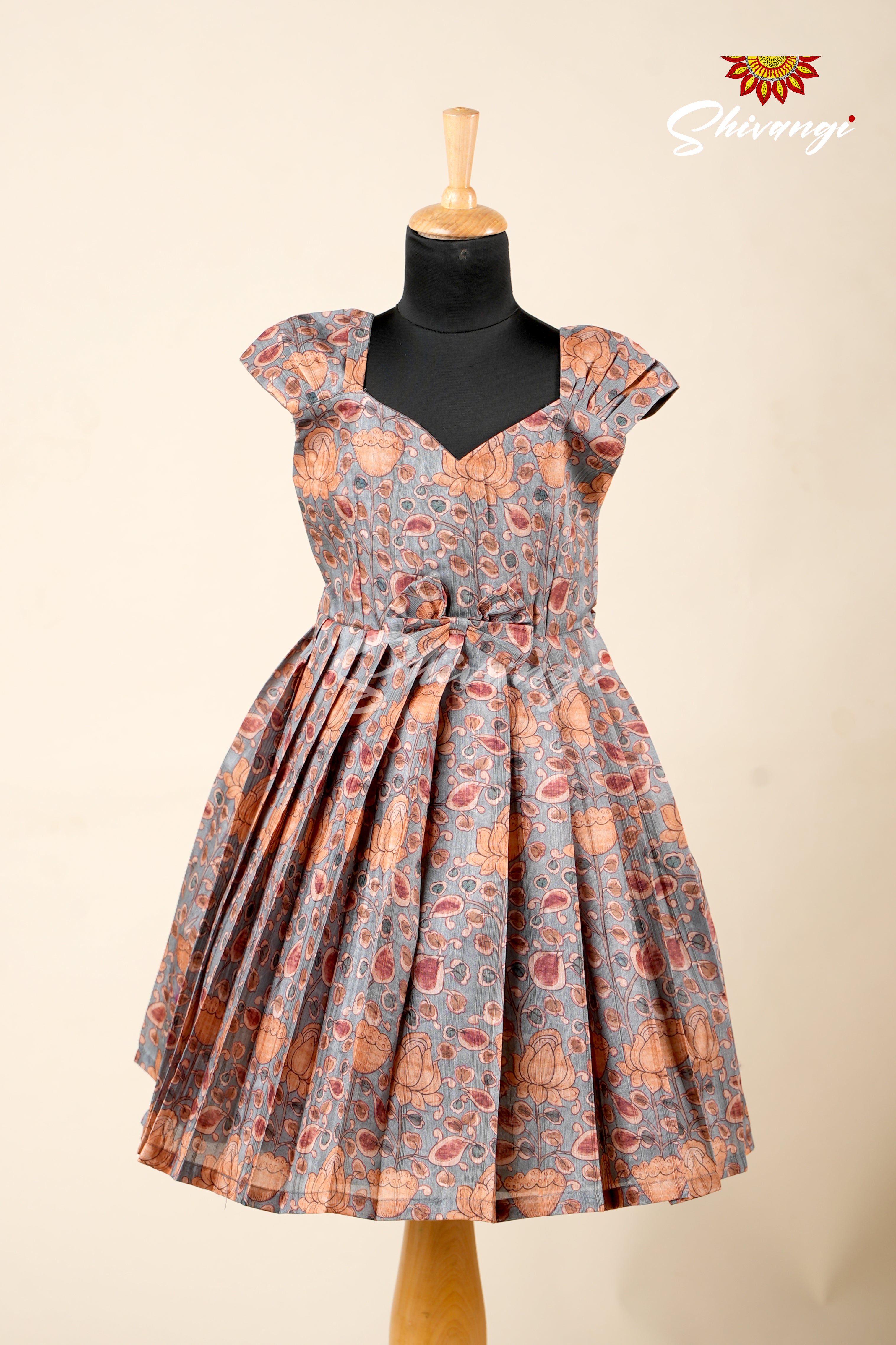 Girls Grey Kalamkari Leaf Frock - Main Image