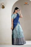 Sky Blue Traditional Golden Lamp Half Saree | Lehenga For Girls