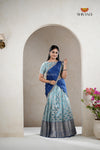 Sky Blue Traditional Golden Lamp Half Saree | Lehenga For Girls