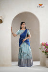 Sky Blue Traditional Golden Lamp Half Saree | Lehenga For Girls