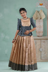 Traditional Sandal Floral Snail Pattu Pavadai Set for Girls