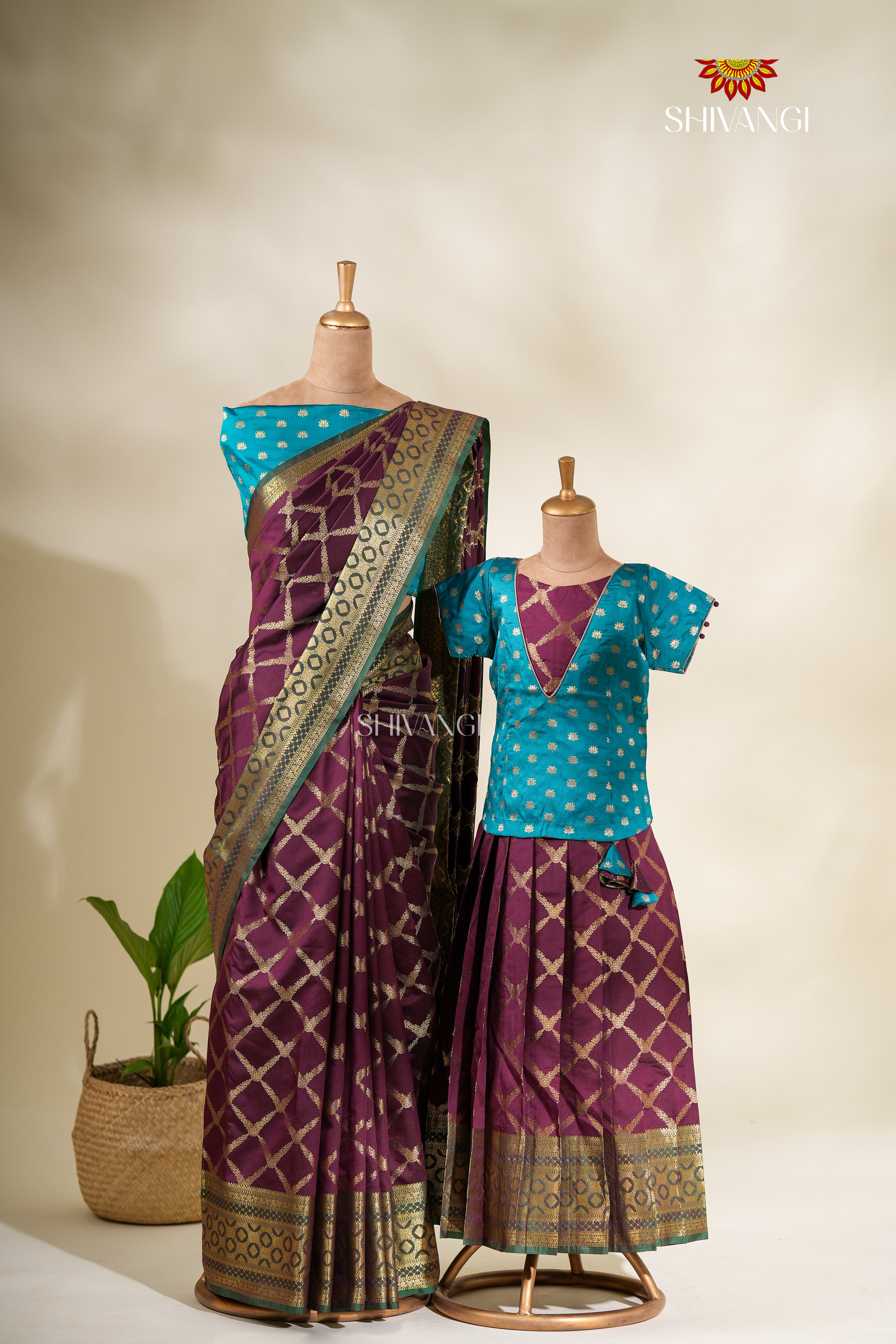 Golden Vector Maroon Mom And Daughter Saree and Pattu Pavadai Combo Se