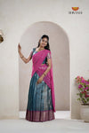 Blue Traditional Nano Checks Half Saree | Lehenga For Girls