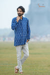 Navy Blue Cotton Ikat Kurta For Boys