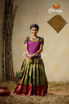 Traditional Green Banaras Lotus Pattu Pavadai For Kids 
