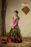 Traditional Green Banaras Lotus Pattu Pavadai For Kids 