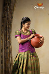 Traditional Green Banaras Lotus Pattu Pavadai For Kids 